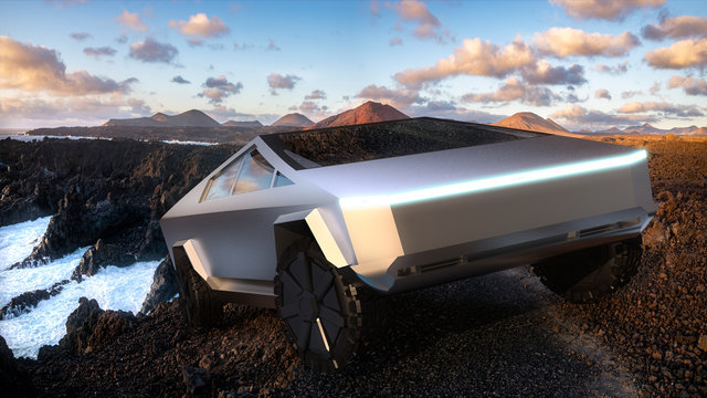 Tesla Cybertruck electric pick-up on lava fields