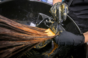 Girl in beauty salon while an hair stylist dyeing her hair
