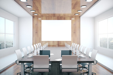 Conference interior with blank wooden wall