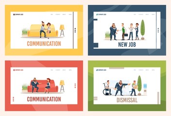 New Career Opportunity, Job Dismissal, Businesspeople Communication Trendy Flat Vector Web Banners, Landing Pages Templates Set. Workers Employment, Losing Job, Talking Colleagues Illustrations