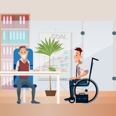 Fototapeta premium Disabled Person Employment Trendy Flat Vector Concept. Company Human Resources Manager, Boss Talking with Vacancy Candidate in Wheelchair, Having Job Interview with Applicant in Office Illustration