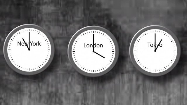 Animation - time lapse round clocks are going and showing different time in three cities - London, New York, Tokyo. Illustration of three time zones, 4K
