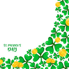 Saint Patricks Day corner frame - cartoon shamrcock or clover leaves and golden coins, background and text place, traditional folk holiday symbols or festive decorations, vector