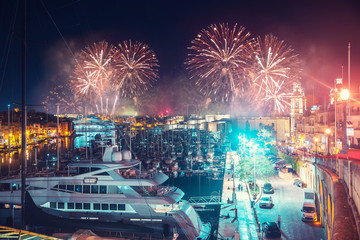 Malta Valletta night Festival of fireworks. Travel concept - obrazy, fototapety, plakaty