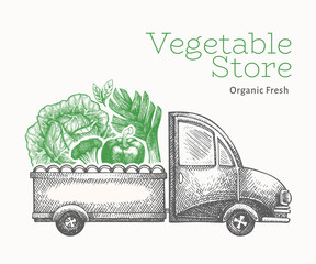 Green vegetables shop delivery logo template. Hand drawn vector truck with vegetables illustration. Engraved style retro food design.