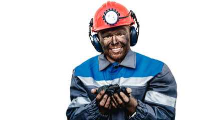 Miner happy man smiling after working on coal mine. Concept industrial engineer