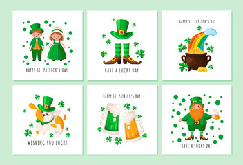 Saint Patrick day - Leprechaun, girl and boy in Irish retro costumes, cauldron with gold coins, boots and stocckings, bowler hat, cute puppy in festive suit - greeting cards templates, vector set