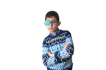Portrait of boy in glasses with patch. Eye patch for glasses t treat lazy eye, amblyopia, strabismus.	