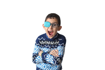 Portrait of boy in glasses with patch. Eye patch for glasses t treat lazy eye, amblyopia, strabismus.	