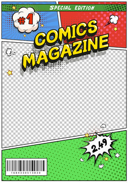 Comic book cover. Comics magazine title page, pop art cartoon title poster template Vector