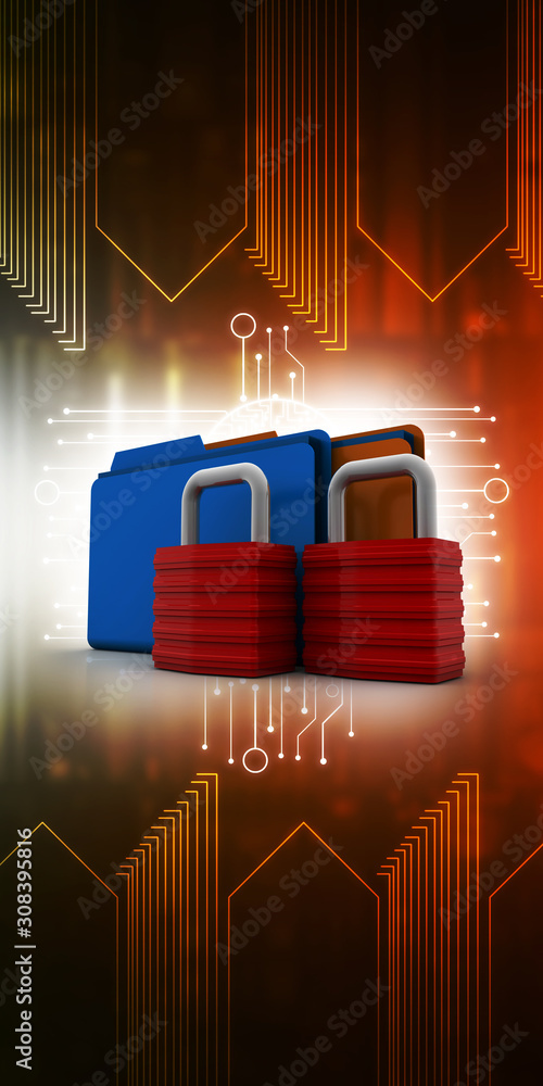 Poster Yellow folder and lock. Data security concept. 3D rendering