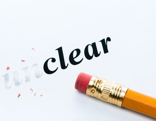 Word " unclear " and pencil with eraser close-up