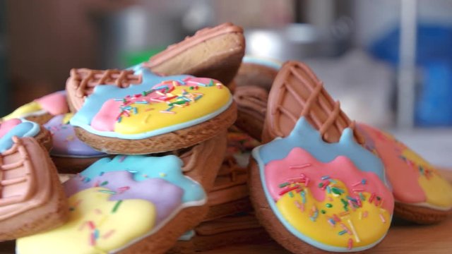 Glazed cookies background. Ice cream sugar cookies. Biscuits for Birthday party.