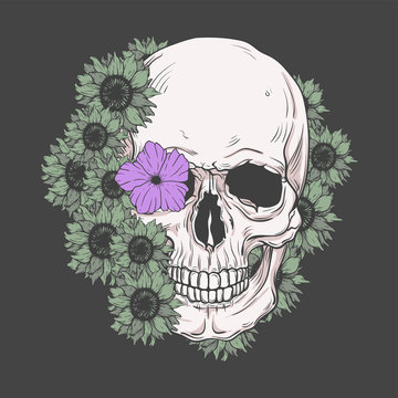 Human skull and flower wreath. Los muertos. Vector illustration.