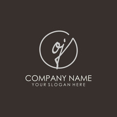 OJ initials signature logo. Handwritten vector logo template connected to a circle. Hand drawn Calligraphy lettering Vector illustration.