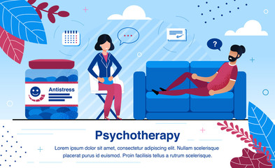 Psychotherapy Practice and Psychological Consultation Trendy Flat Vector Banner, Poster Template. Man Lying on Sofa, Visiting Therapist, Psychiatrist Offering Antidepressants to Patient Illustration