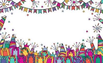 Festive background for birthday, children's party with garlands, fireworks, gift boxes. Bright vector illustration banner with free place for text.