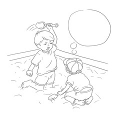 Du spinnst wohl? schwarzweiß, Jungen sitzen barfuß im Sandkasten spielen mit Schaufel im Sand, Streit, einer holt aus zum Schlag, Prügelei, Denkblase, Rauferei, Kindergarten