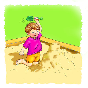 Ich will die bl&ouml;de Sandburg nicht; Junge im Sommer barfu&szlig; mit Schaufel im Sandkasten. Baut Sandburg und zerst&ouml;rt diese w&uuml;tend wieder mit seiner Schaufel, Aggression, Wut, Schlagen, zerst&ouml;ren