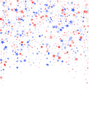 Flying red blue white star sparkles on white vector american patriotic background.