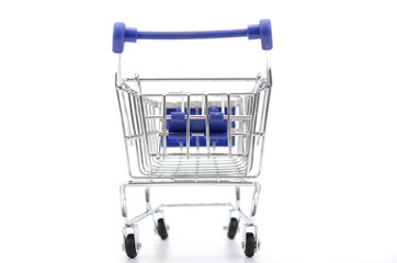 Empty blue shopping cart isolated on white background.
