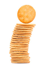 A stack of round crackers isolated on white background.