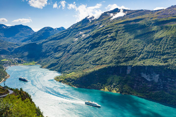 Obraz premium Fjord Geirangerfjord with cruise ships, Norway.