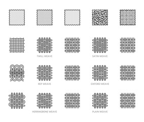 Fabric sample flat line icons set. Weave types, different clothing materials, textile swatch, animal print, cotton, velvet vector illustrations. Outline pictogram for tailor store. Editable Strokes