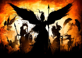 Naklejka premium An army of great knights, with different weapons, from different eras and cultures led by an angel, with a shield and a spear, against a bright orange sunset. 2D Illustration.