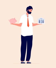 Budget planning. Choosing between bank and piggy bank, financial investments literacy. Man saving money, economy advisor vector concept. Person comparison, between invest illustration