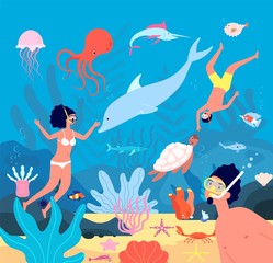 Fototapeta na wymiar Divers. Underwater swimmers, scuba leisure snorkel. Diving in blue sea with fishes, corals. Man woman swimming with mask vector characters. Illustration underwater leisure, swimmer activity