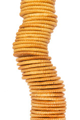 A stack of round crackers isolated on white background.