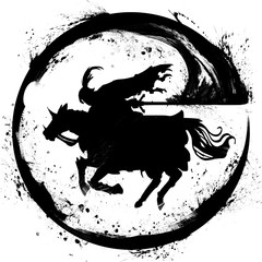 The silhouette of a knight rushing on horseback making a circular swing of the sword describing an inky circle with splashes around . 2D Illustration.