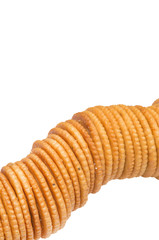 A stack of round crackers isolated on white background.