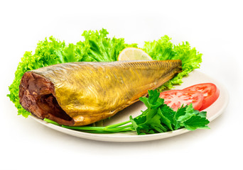 Smoked tuna on plate close up