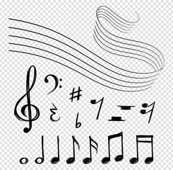 Musical notes. Black music lines, melody elements and staves. Shape artistic clef and abstract sound vector symbols isolated on transparent background. Musical note, key half monochrome illustration