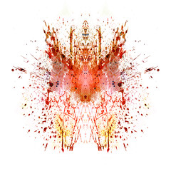 Rorschach test, abstract inkblot in shades of red and orange isolated on white background