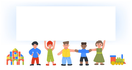 Children in cartoon style. Set of children in flat style. Vector stock illustration. Cartoon Kindergarten. Children and toys. Cubes and steam locomotive.  Dark-skinned boy. Copy space . Banner.