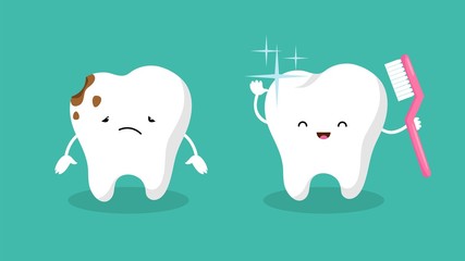 Teeth. Plaque terth, shiny white tooth. Mouth hygiene and toothache. Dental happy and sad vector characters. Illustration dental hygiene tooth