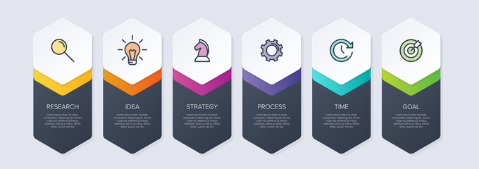 Concept of arrow business model with 6 successive steps. Six colorful graphic elements. Timeline design for brochure, presentation. Infographic design layout - obrazy, fototapety, plakaty