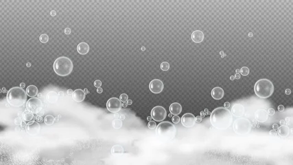 Foto op Plexiglas Soap foam. White suds, shiny water bubbles. Shampoo or shower gel lather isolated on transparent background. Realistic foam vector background. Illustration shampoo foam, soap white © MicroOne