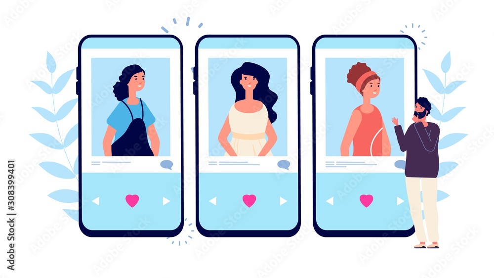 Wall mural Online dating. Single man looking couple on phone dating app. Male choose between girls vector illustration. Young guy searching love. Internet dating man and woman, social online love