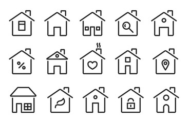Home icons. Thin line modern houses, homes with roof, windows doors. Flat hotel cottage residence symbols. Isolated vector signs set. Illustration building mortgage, architecture urban icons house