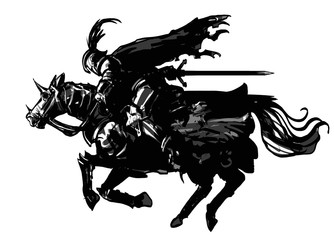 The silhouette of a knight rushing with great speed on horseback with a sword, in armor, a ragged cloak, and a helmet with a feather. 2D Illustration.