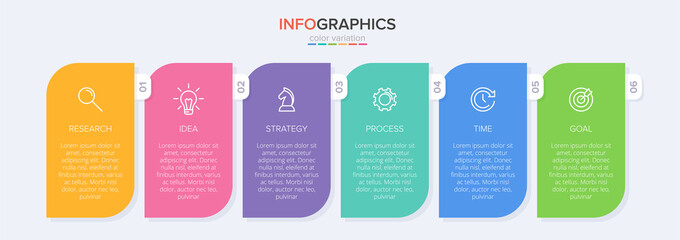 Concept of arrow business model with 6 successive steps. Six colorful graphic elements. Timeline design for brochure, presentation. Infographic design layout
