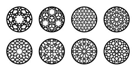Arabesque circle, round element set for laser cutting ,stencil, engraving. Geometric arabic pattern for glass stand, cup stand, wall hanging, menu stamp design.