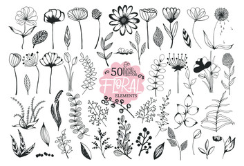 Beautiful big set of floral elements. 50 hand drawn doodle sketchy flowers, leaves and berries. Vector for design cards, wedding invitations, poster, Birthday or Valentines Day greeting cards.