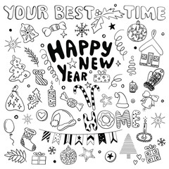 New Year and Christmas hand drawn vector icons. Big doodle set collection. The inscription Happy New Year, home and your best time. Candle, mittens, sweets, stars, gifts, toys, berries of holly, etc.