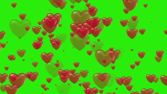 Stock 4k: Romantic red heart flying on green background. Royalty high-quality free best stock beautiful pink hearts isolated falling up green background. Good design elements, illustration, creatives