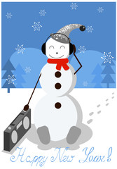 Cute vector snowman listening music